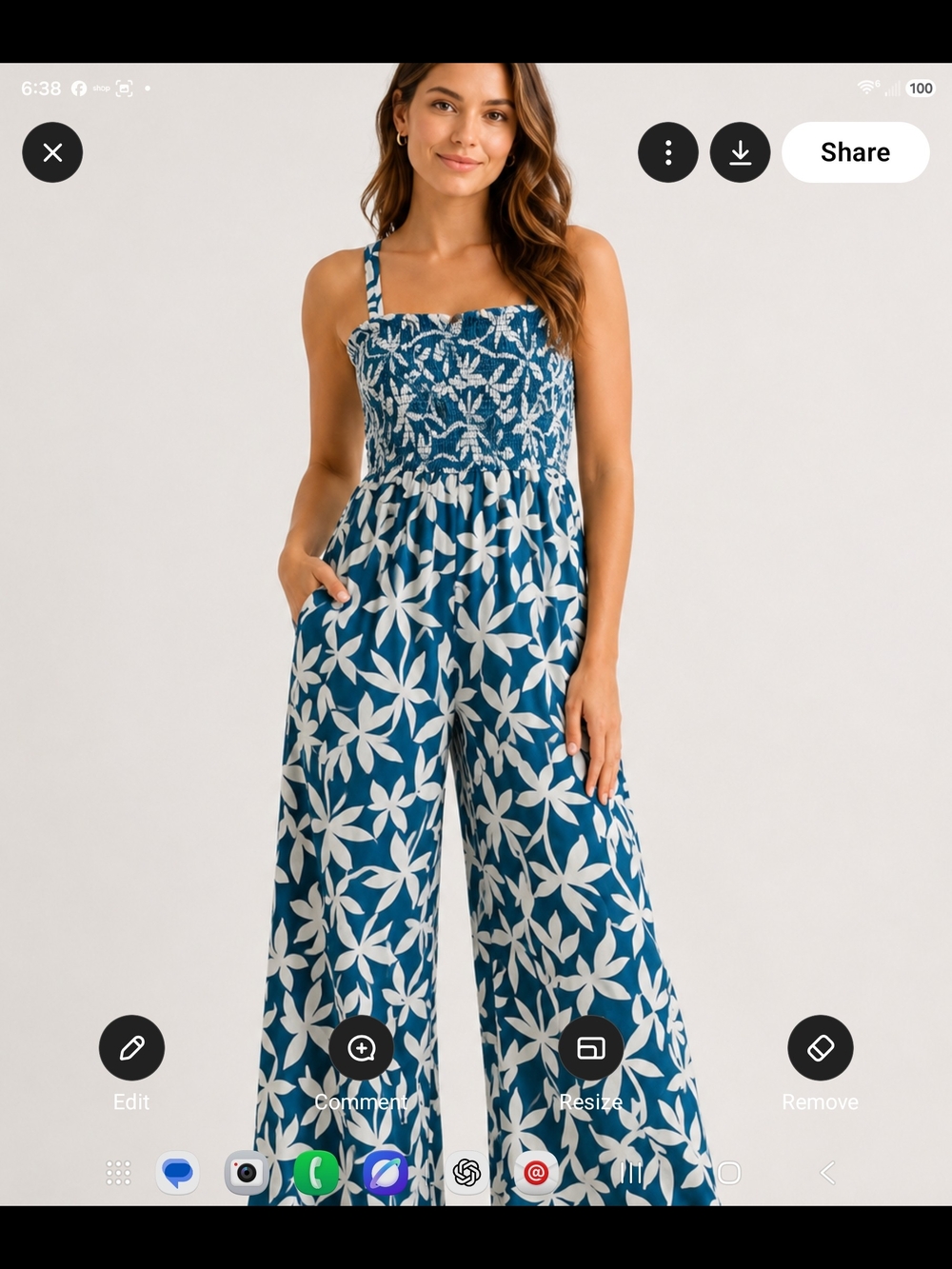 Gilli Teal & White Smocked Wide-Leg Jumpsuit